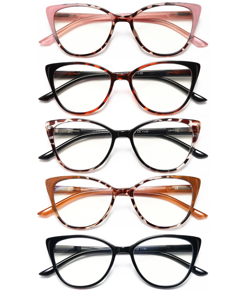 EYEURL 5 Pack Reading Glasses for WomenCat Eye Blue Light Blocking Readers Fashion Computer Glasses with Spring Hinge AntiGlare Readers for Women 15